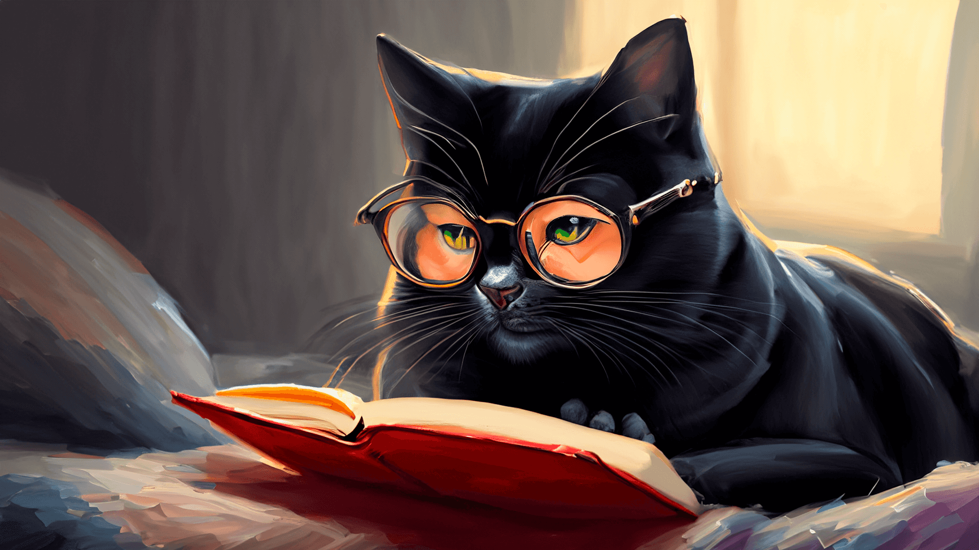cat in glasses reading book